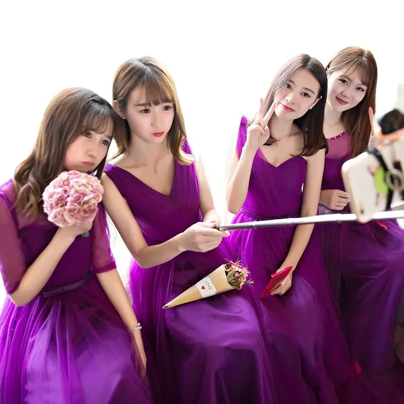 Simples roxo vestidos de dama de honra princesa até o chão renda até voltar tule vestido de festa de casamento pode feito sob encomenda cor e tamanho