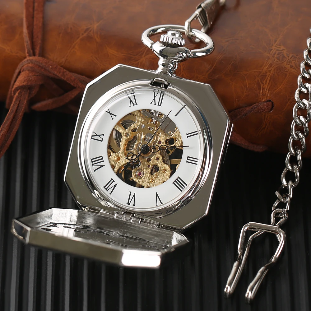 Vintage Steampunk Double Tiger Half Hunter Manual Mechanical Pocket Watch Silver/Bronze Fob Chain Pendant Pocket Clock Gift Men