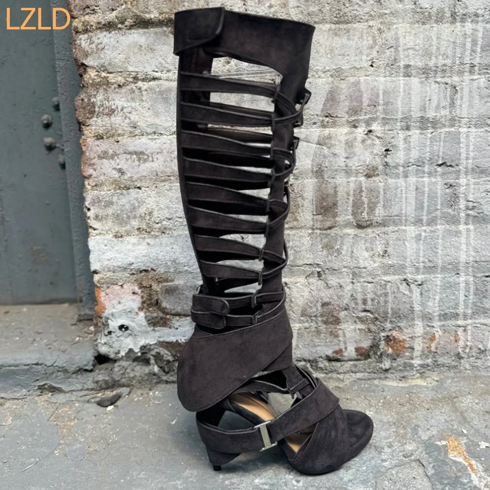 White Hollow Roman Belt Buckle Boots 2025 New Sexy Model Catwalk Knee-High Thick Heels Fashion Women's Party Casual Long Boots