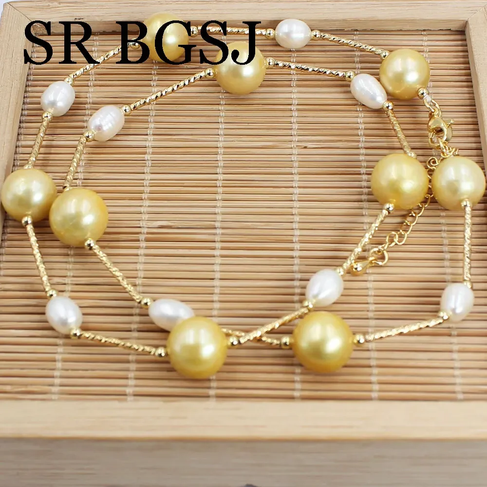 

11-12mm 5-6mm AAA Yellow Natural Freshwater Pearl Chains Short Chokers Wedding Necklace for Jewelry Gift 18"