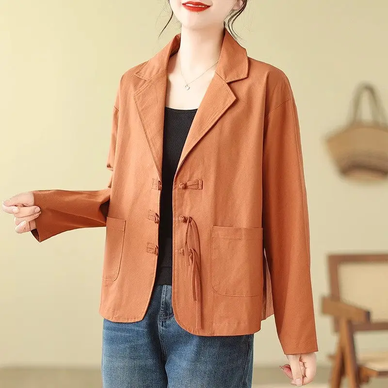 Casual Double Side Pocket Patchwork Suit Jacket Artistic Solid Color Large Size Lace Up Long Sleeve Women's Blazer Top Z3900