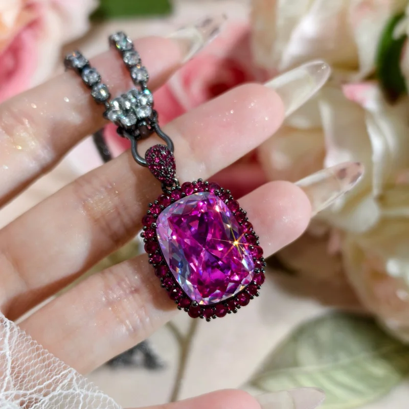 

High-End Large Carat Black Gold Plated Long Pillow Cut Rose Red Zircon Open Ring Pendant Earring Set