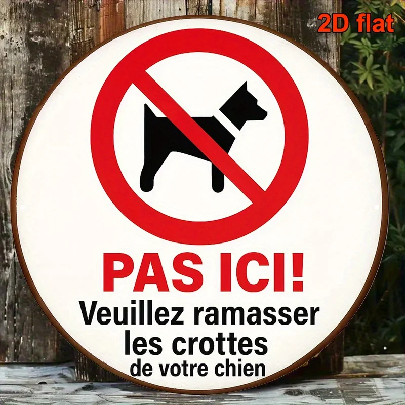 Vintage Decorative Sign in French, Round Aluminum Plaque Stating 'No Dog Walking', Pet-Friendly Sign, Please Clean Up Dog Waste