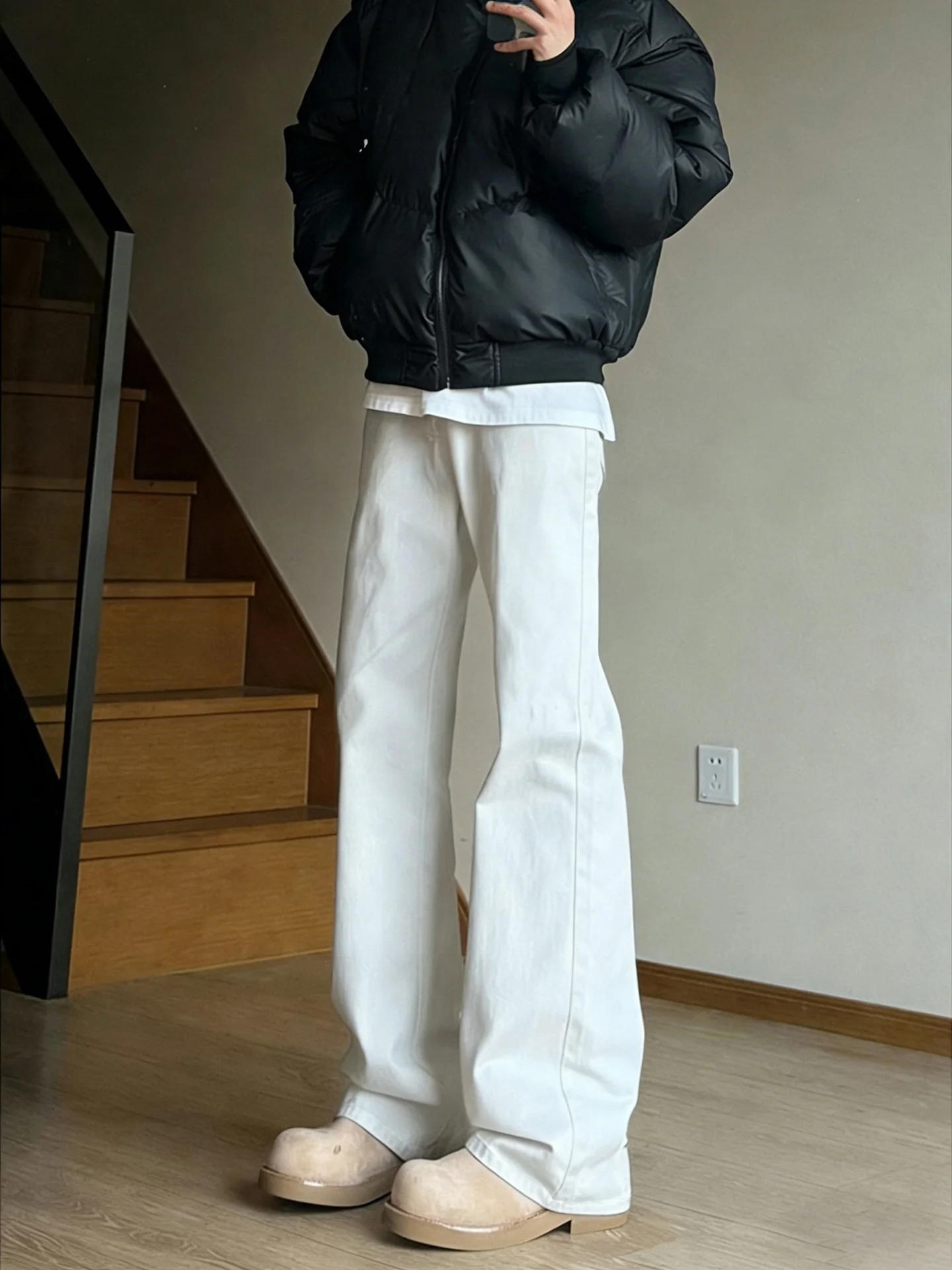 

Cleanfit High Waist Straight Leg Fce Lined Men's Jeans Spring Season Low Waist Zipper Closure Geometric Pattern Daily Wear