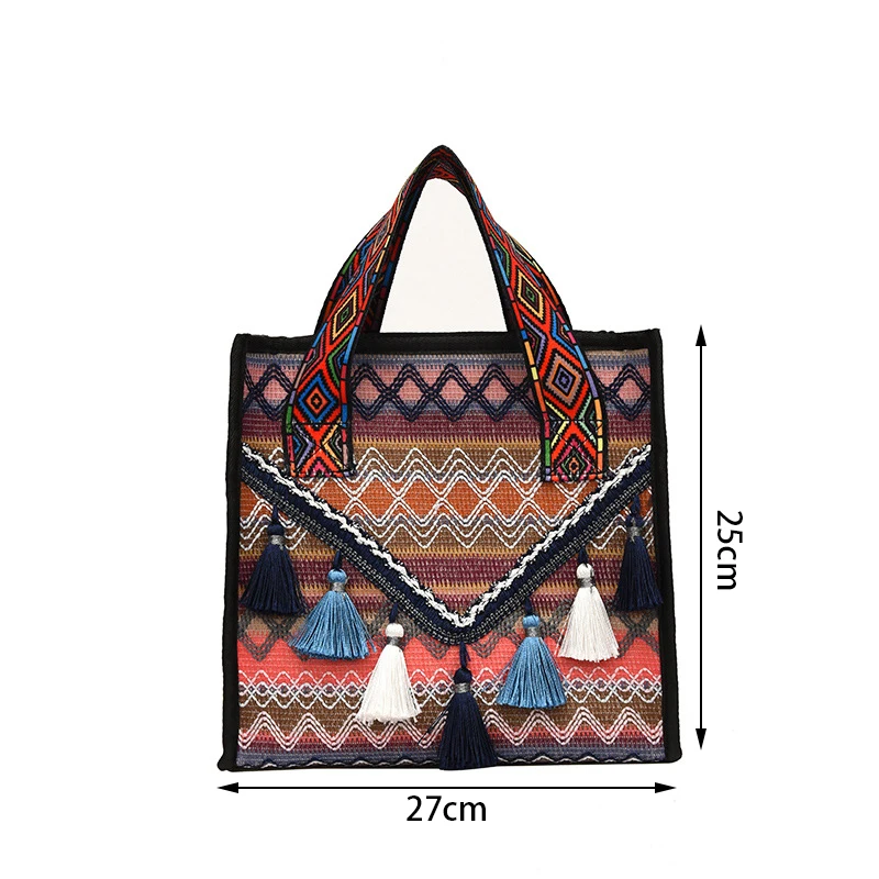 Borsa tote in stile etnico Borsa a mano di grande capacità Borsa da donna autunnale Decorazione da viaggio alla moda Borsa con nappa in stile etnico