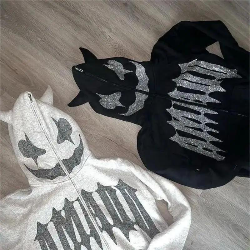 

Новинка 2025, куртка-кардиган с капюшоном Devil's Horn Hot Diamond, свободная мужская и женская толстовка с капюшоном на молнии