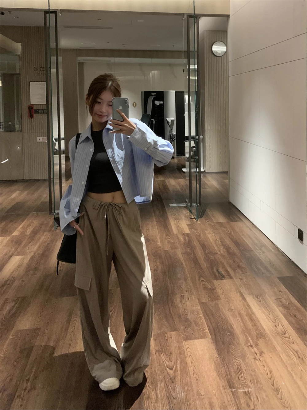 

Casual Stripe ort irt Women's Korean Sle Blue Collar Split Summer New Arrival Cotton Polyester Blend Long Sve irt