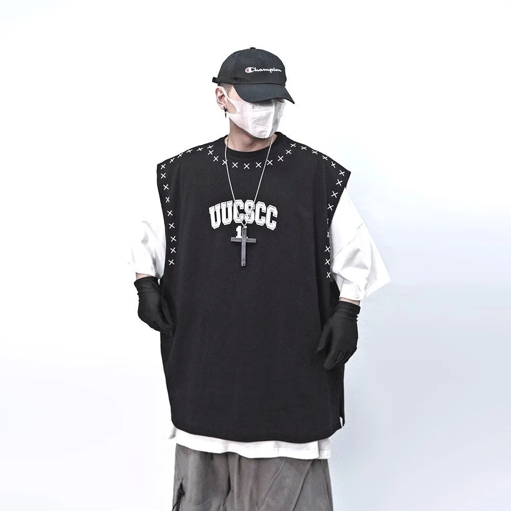 Hip Hop Oversize Washed Sleeveless Sports Vest Vintage Streetwear Hole Ripped Patch T Shirt Men Summer Tshirt Cotton Tops