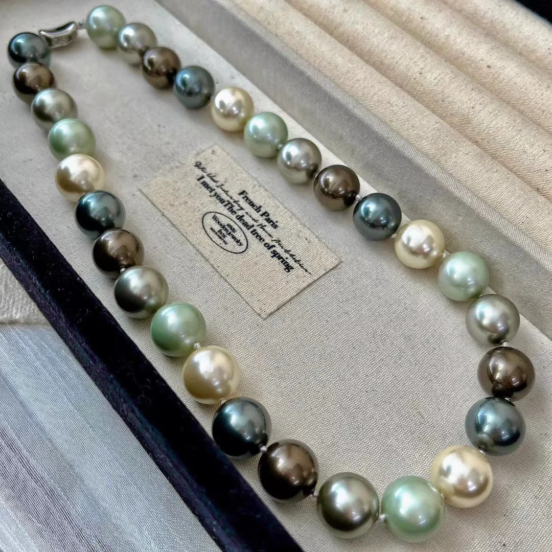 Kalung Mutiara Manik Warna Morandi Partikel Besar Vintage, Rantai Leher Premium Atmosfer, Rantai Tulang Selangka