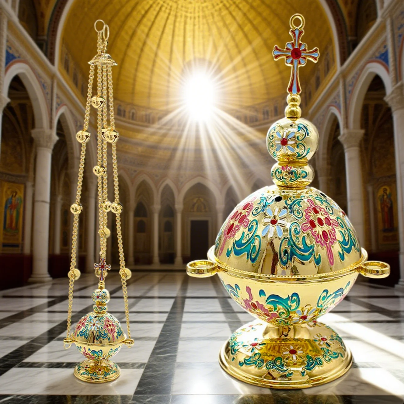 مبخرة الكنيسة، مبخرة معلقة، مبخرة أرثوذكسية مع سلسلة، سبائك الزنك مطلية بالذهب، 6.7 بوصة * 3.9 بوصة