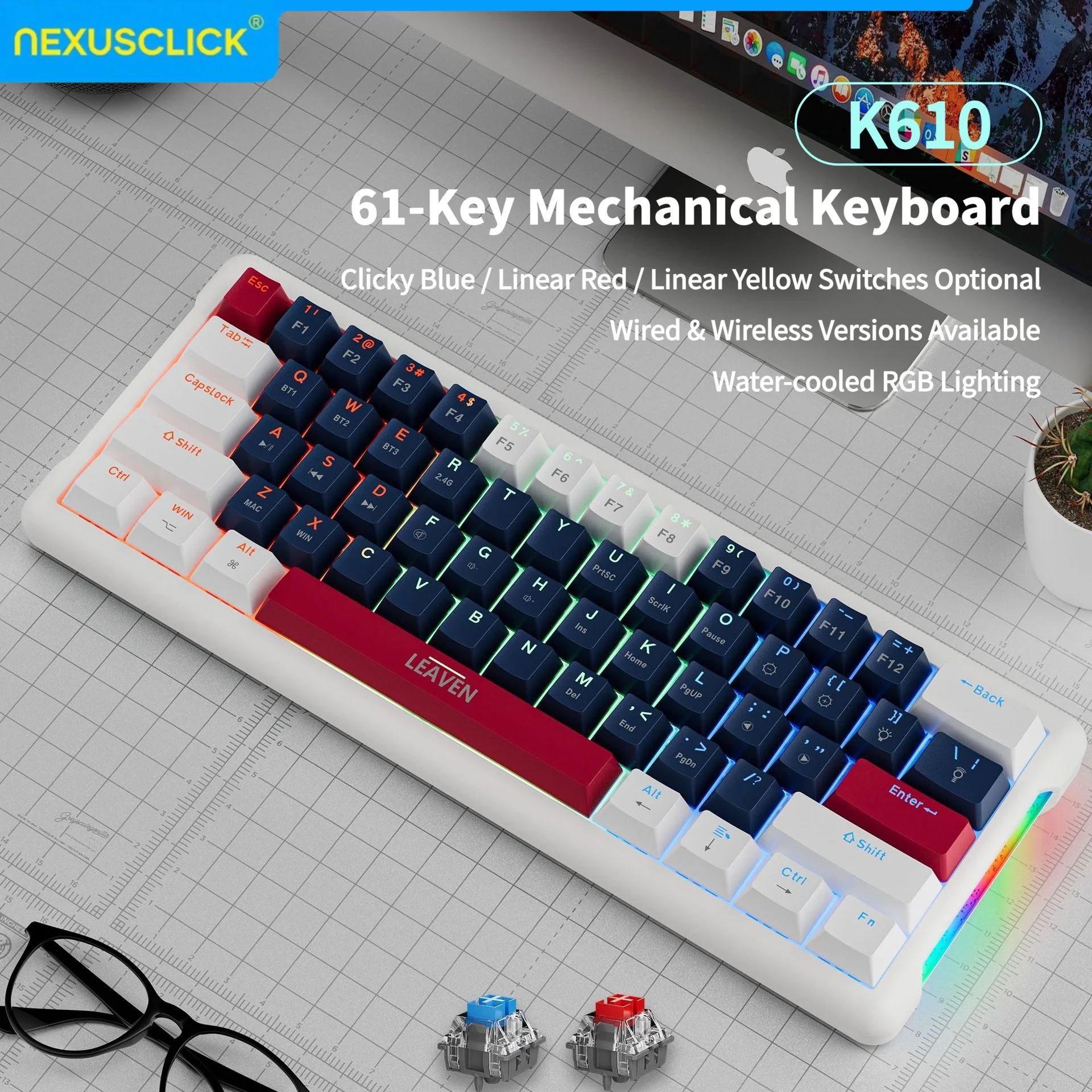 NexusClick Hot Swappable Red Switch Mechanical Keyboard,61 Keys RGB Backlit Stylish Mini Keyboard for Esports Gaming Office Mac