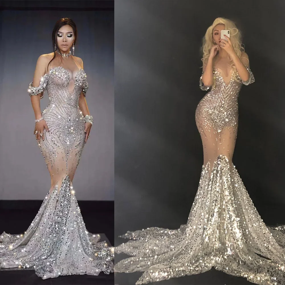 Sparkling Sequins Rhinestones ผู้หญิงกระเป๋าสะโพกงานแต่งงานตาข่าย Mermaid ยาวผลกําไรในรอบ Elegant Stage สวมใส่ Lady ชุด