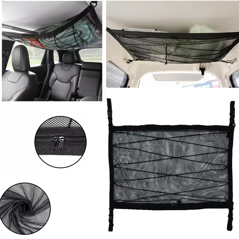 

Car Ceiling Storage Bag Car Roof Cargo Net Pocket Double-Layer Mesh Storage Organizer for Camping Storage Bag SUV Accessories