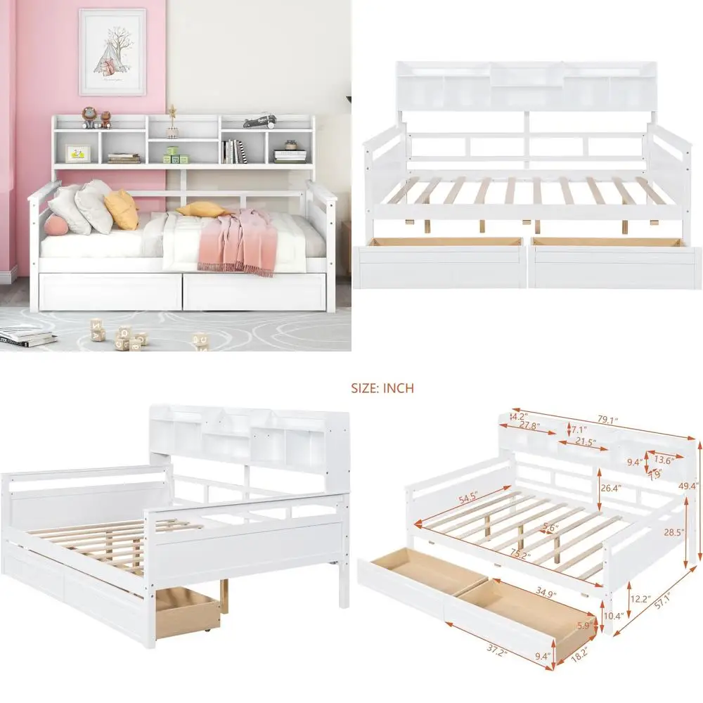 

Белая многофункциональная кушетка с ящиками для хранения, книжным шкафом и полками для детей, подростков и взрослых — не требует пружинного блока.