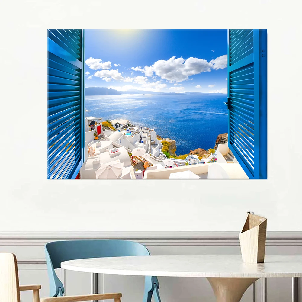 Santorini Windows Landscape Wall Art Canvas Painting Sea Seascape Wall Pictures Posters Prints for Living Room Decor No Frame