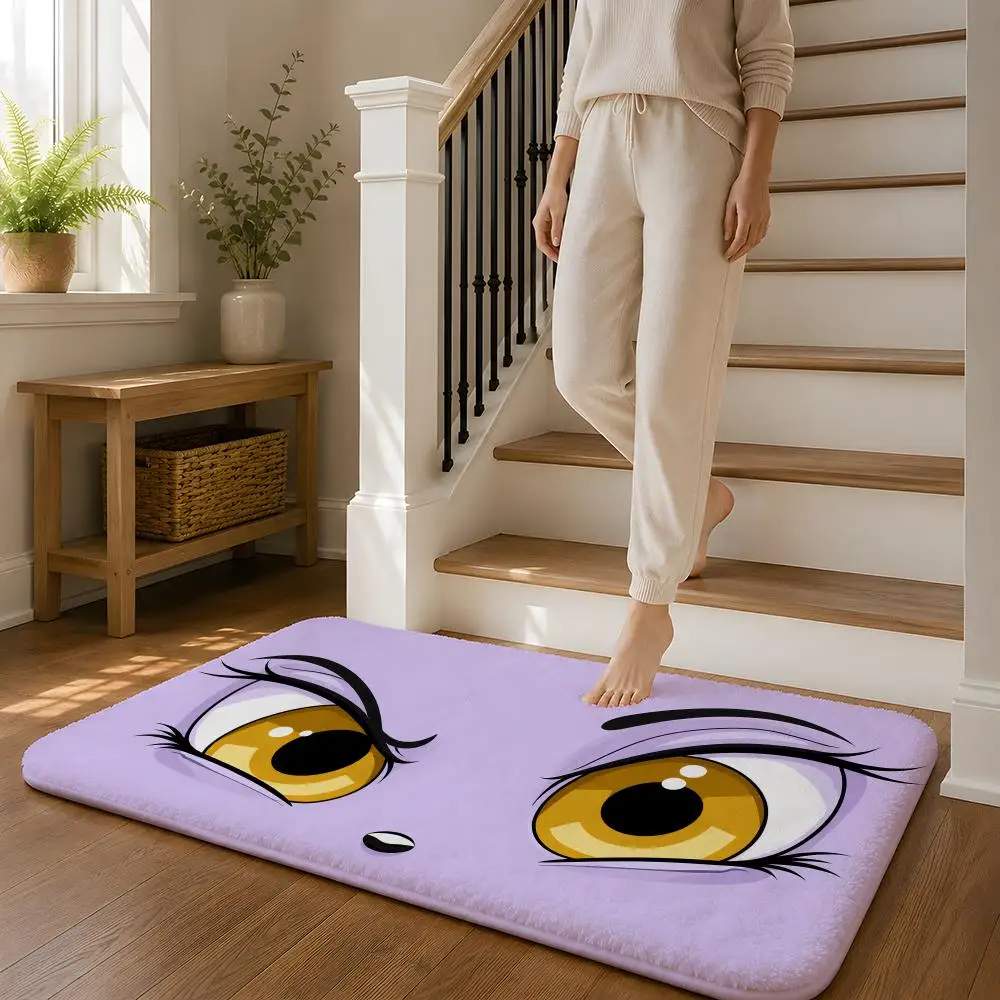 Striking Cartoon Eyes Floor Mat Flannel Rug Non Slip Absorbent Soft Washable For Entryway Hallway Bathroom Kitchen Decor
