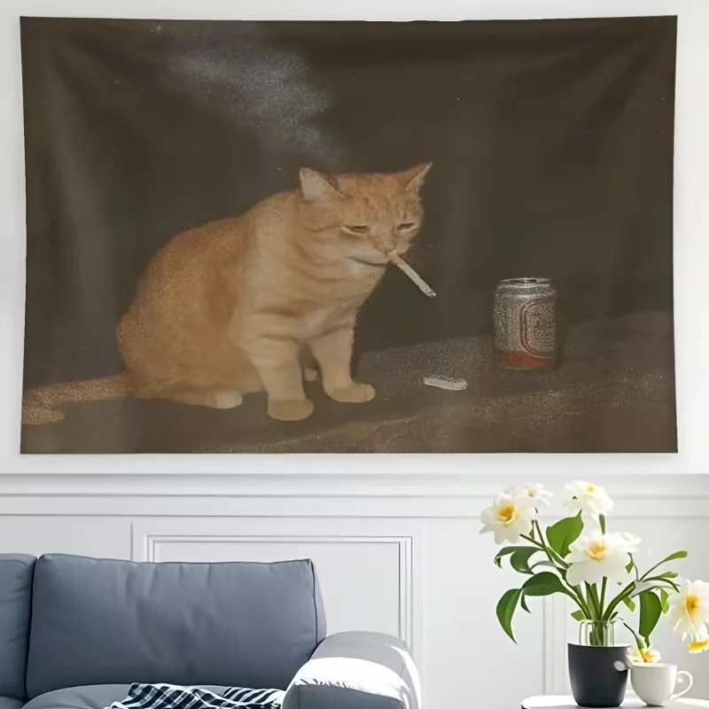 VIKAMA Smoking Cat Meme Tapestry, Orange Beer Funny Wall Hanging Home Decor, Boho Hippie Room Tapestries Decor