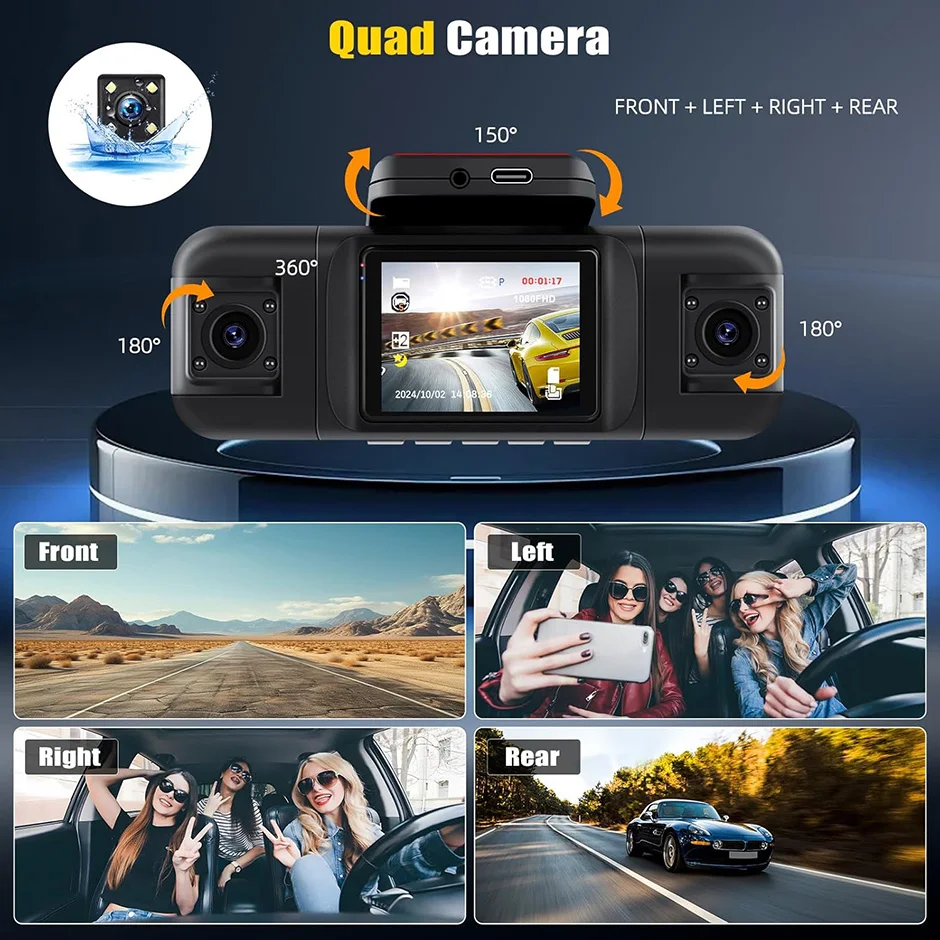 GreenYi 4 Channel 1080P Dash Cam Front and Rear Inside Left Right 2” Front and Rear Dash Camera for Cars Car Camera