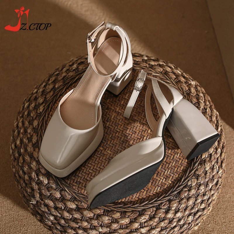 Black High Heels Ankle Strap Platform Pumps Women Fashion Square Toe Chunky Heeled Sandals Beige Wedding Dress Party Shoes