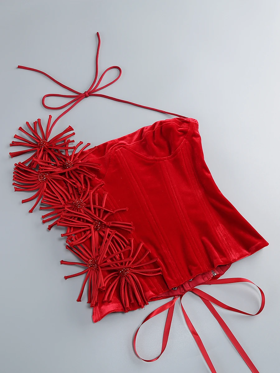 Сексуальный красный велюровый комплект из двух предметов без бретелек, топ на шнуровке с лямкой на шее + мини-юбка с низкой талией, женские клубные вечерние юбки знаменитостей, костюмы