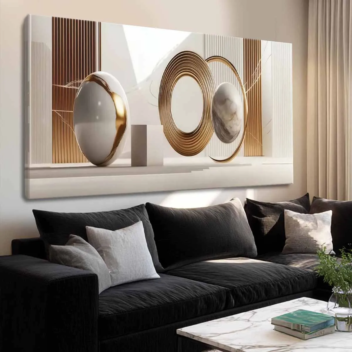 Gold Abstract Geometric Gallery Wrapped Canvas Print With Full Wrap Frame, Modern Neutral Tone Circular Rings Spheres Living Room Wall Decor, Can Be Hung Directly, Suitable For Bedroom Office Home Decoration, Cuadros Para Sala
