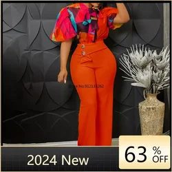 African Clothes for Women Summer Sexy African Women Short Sleeve Polyester Two Pieces Sets Shirts and Long Pant African Suit