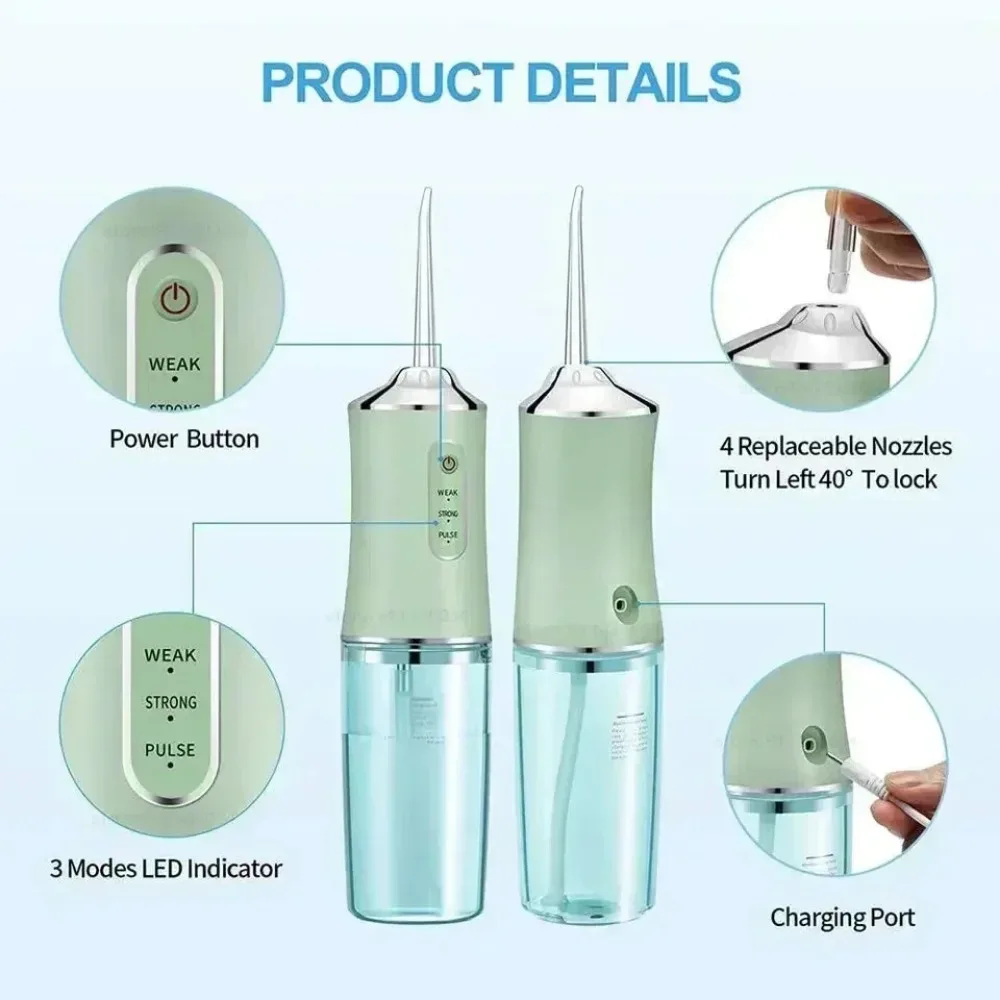 Oral Irrigator Portable Dental Water Flosser USB Rechargeable Water Jet Floss Tooth Pick Tip 220ml 3 Modes Teeth Cleaner