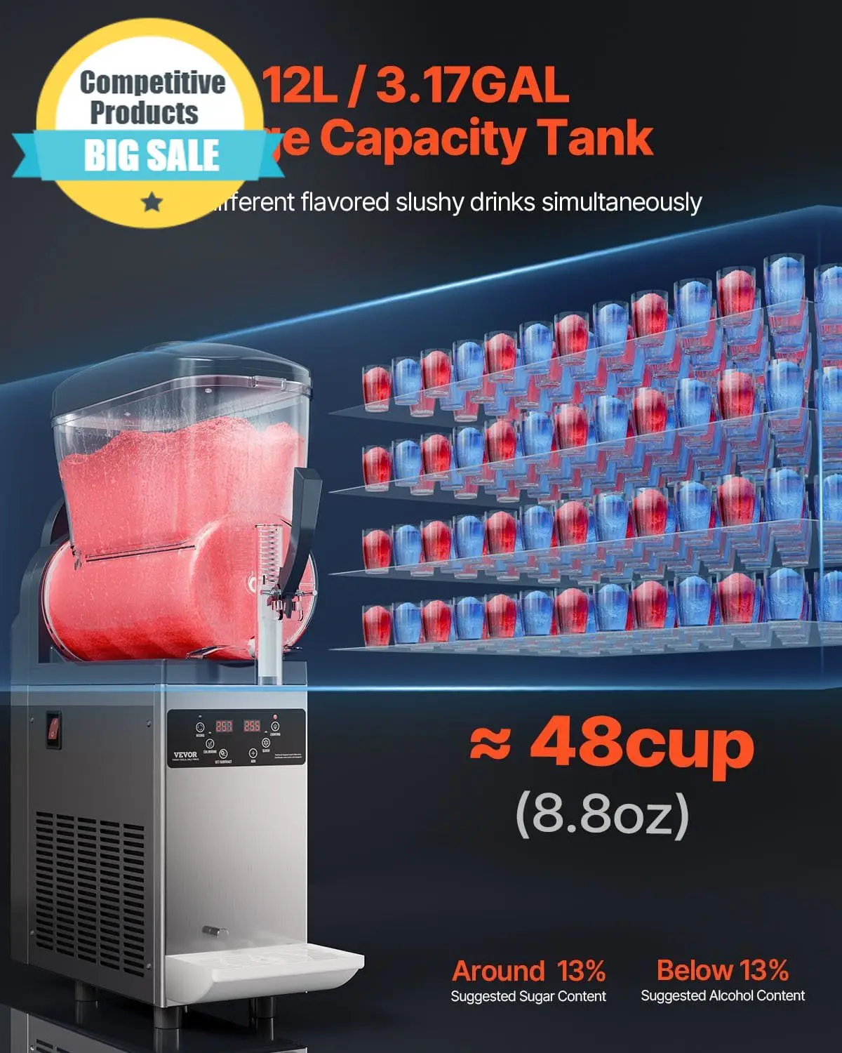 

Substantial Commercial Slushy Machine 12L Single Tank Frozen Drink Machine 48 Cups Stainless Steel Margarita Smoothie Frozen Dri