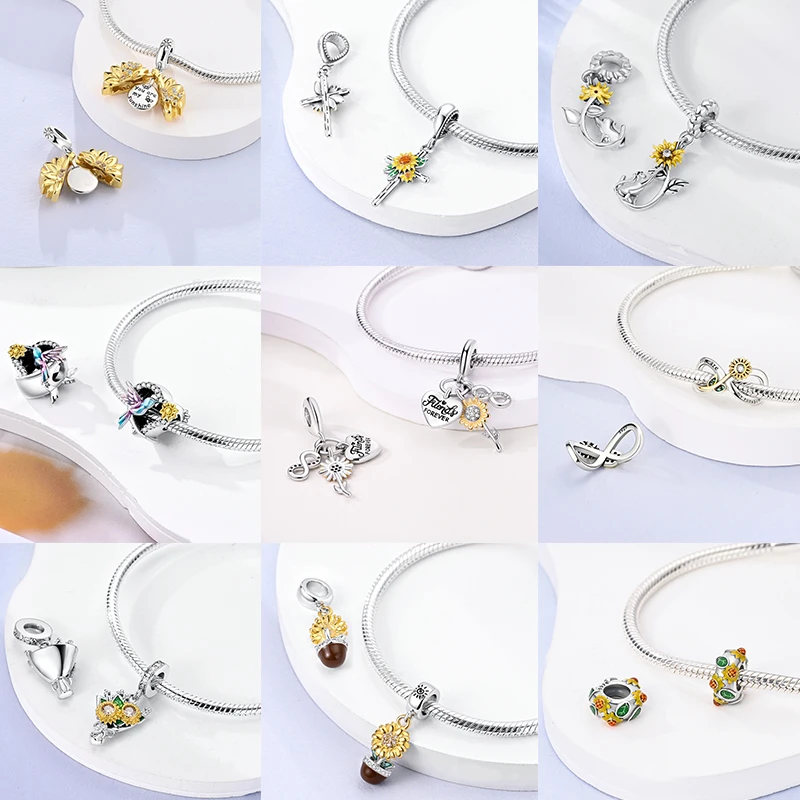 Katzen- und Sonnenblumen-Charm aus 925 Sterling Silber, gelbe Blume, Sonnenblume, Hausperlen, passend für Original-Armreifen, Damen-DIY-Schmuck – Detail 4