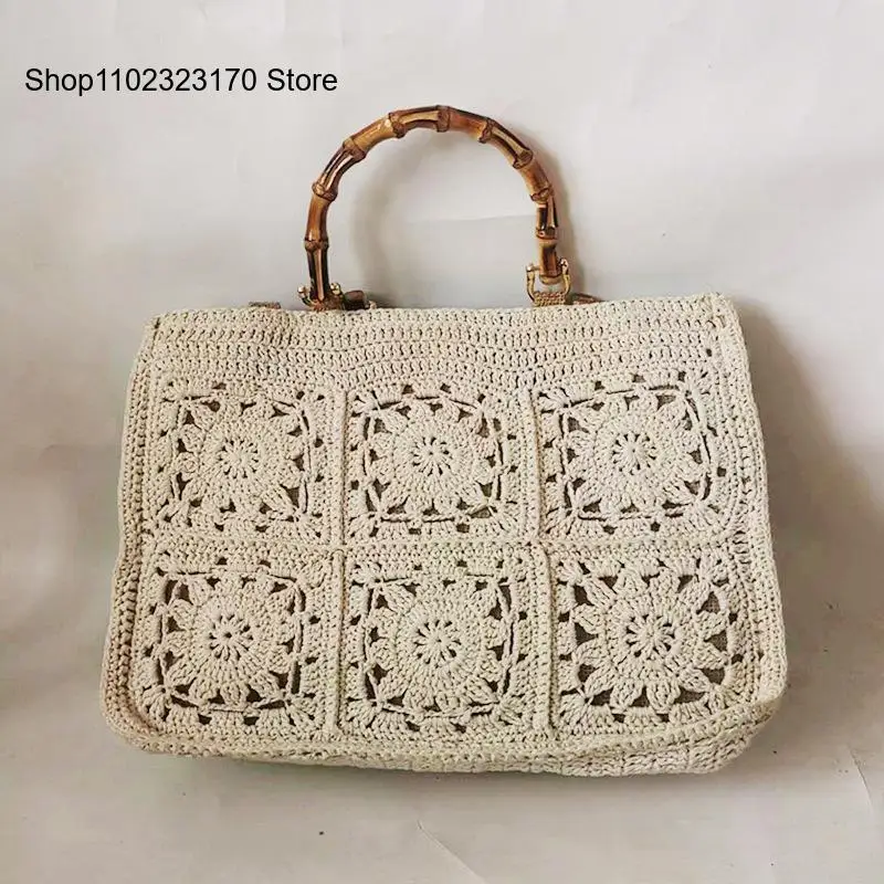 Casual Vacation Beach Crochet Patchwork Hand-Held Cotton Thread Bag