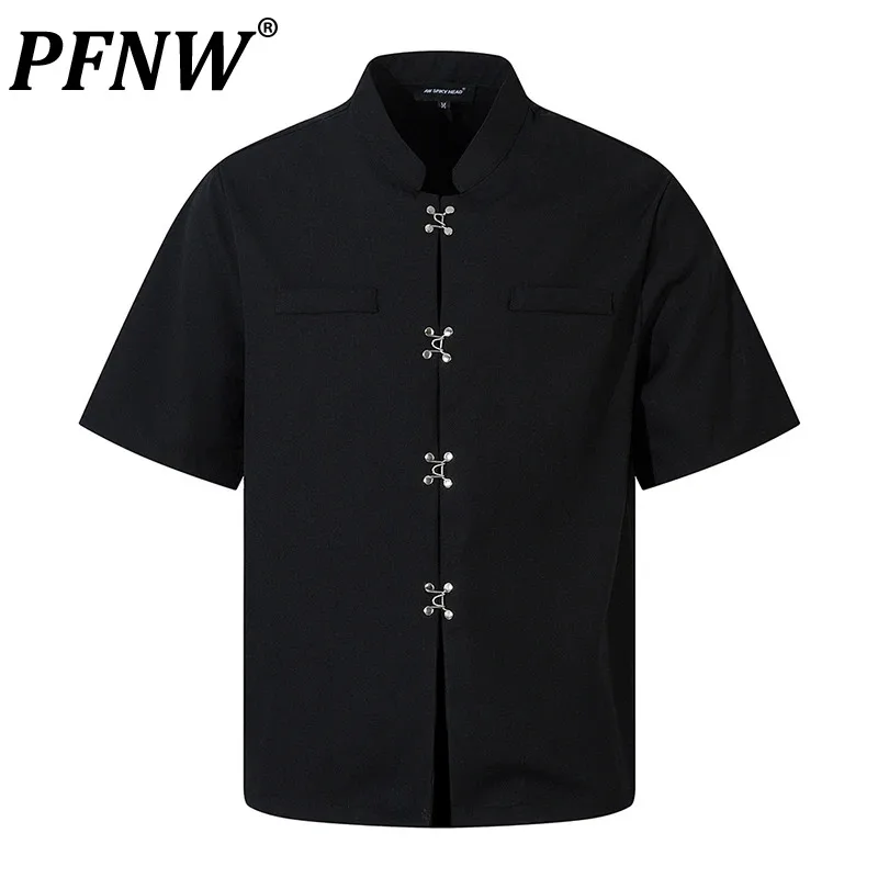 

PFNW Men's Shirts Chinese Style Metal Knot Button Stand Collar Short Sleeve Casual Tops Loose 2024 Summer Handsome Male 28W3742