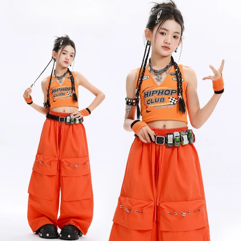 

New Girls Hip Hop Clothing Orange Vest Pants Modern Dance Clothes Set Cool Jazz Performance Costume Group Stage Performance Wear