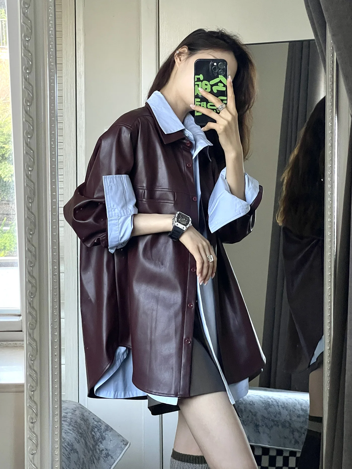 Vintage PU Leather Jacket Women's Casual Loose Motorcycle Sle Spring New Arrival Fashionable Top Quali Material