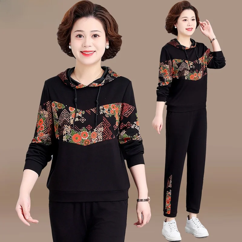

Casual Sportswear Set Women's Spring Autumn Large Size Hoodie Two Piece Set Stylish Top for Middle-Aged Mothers Fashionable E...