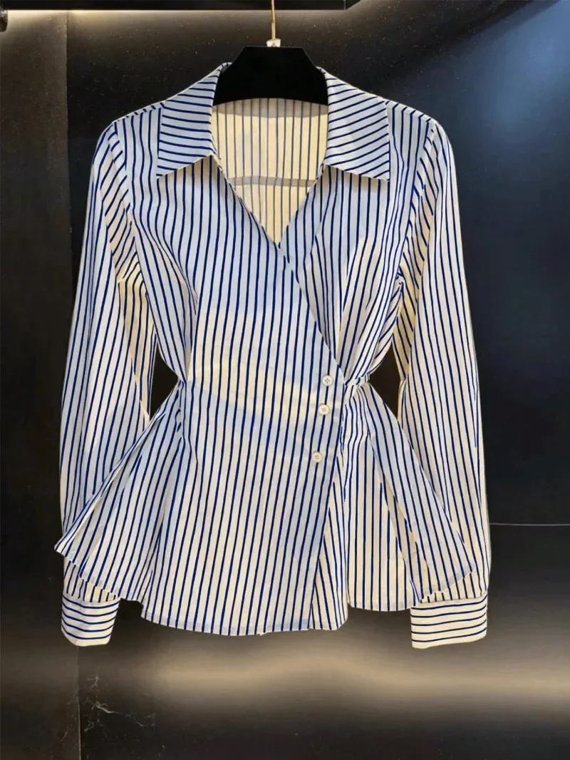 Japanese Striped Shirt Women Long Sleeve Bandage Slim Blouse Button Down Tunic Tops Summer Vintage Preppy Basic Blouse Shirt