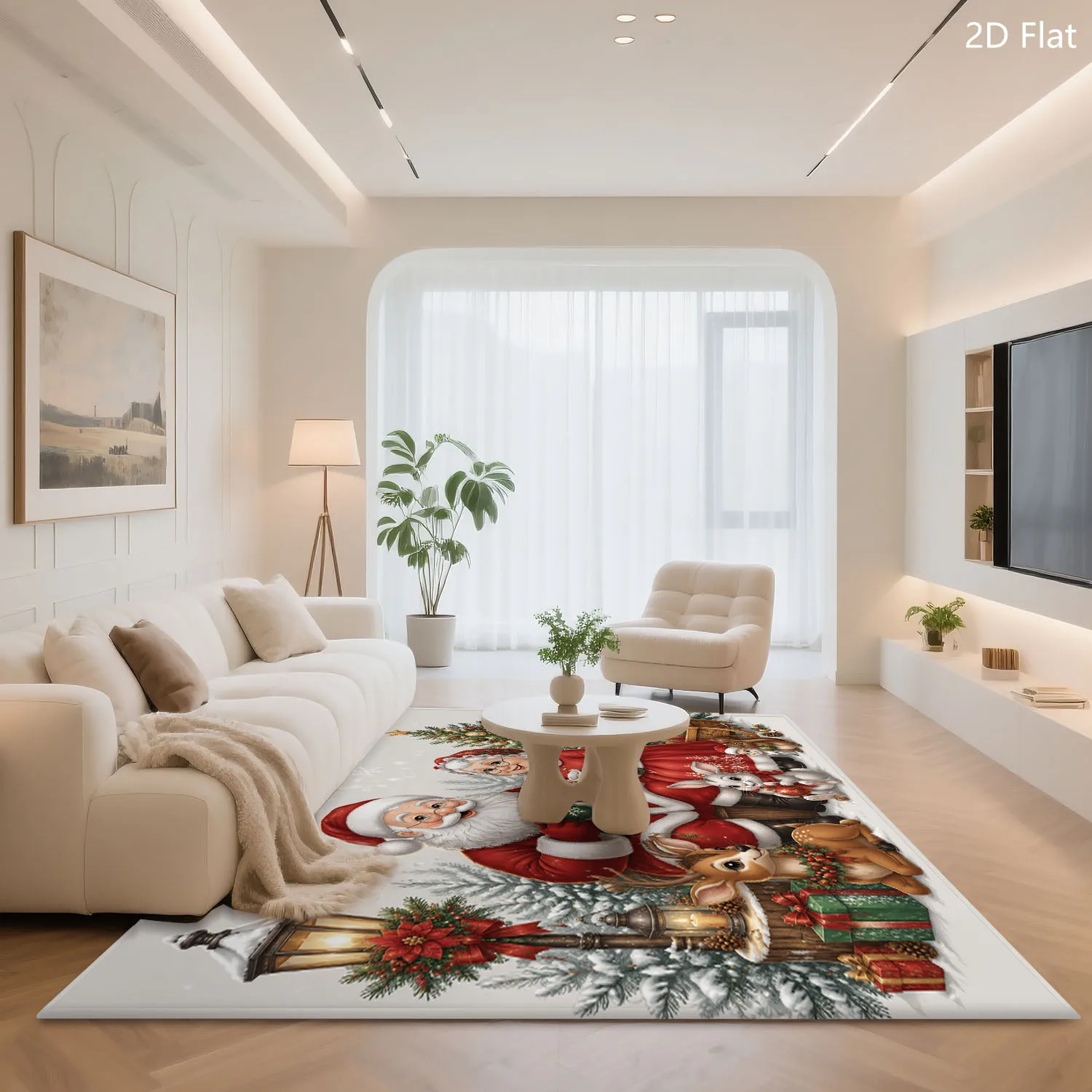 1pc 2D Flat Santa & Reindeer Christmas Printed Floor Mat, Decorative Rug for Living Room, Bedroom, Home