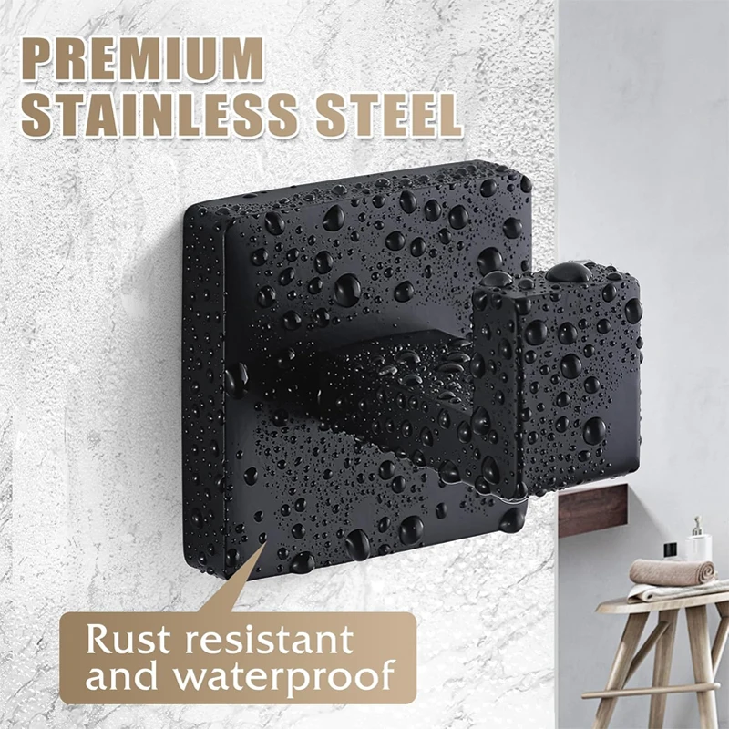 Matte Black Towel Hook Stainless Steel Heavy Duty Wall Mounted Robe Coat Hooks Bathroom Kitchen Closet Square Modern Rack view 3