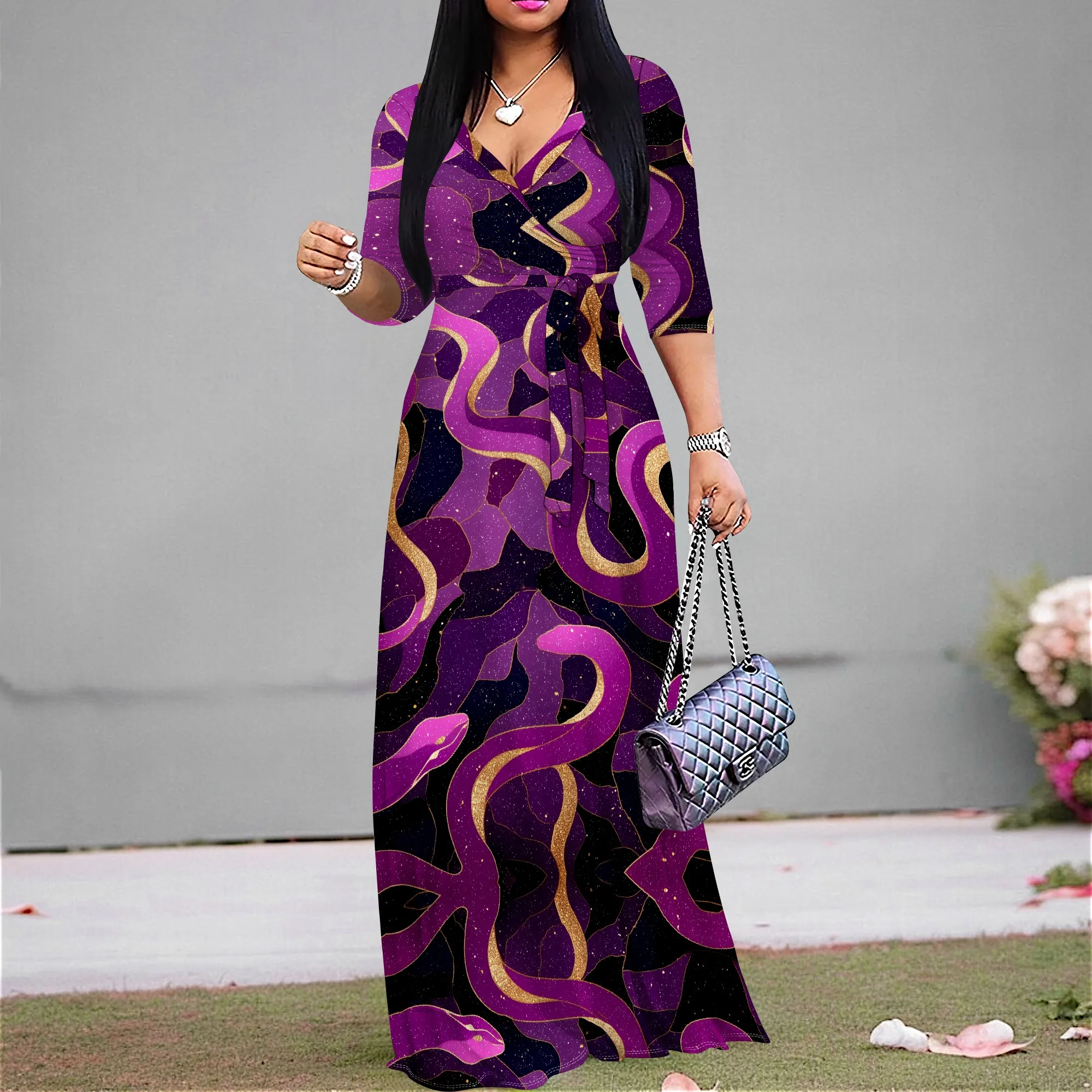 

Purple Gold Abstract Snake Print Maxi Dress S‑3XL Wrap V‑Neck 3/4 Sleeve Style for Evening Party, Zodiac Theme or Art Show Look