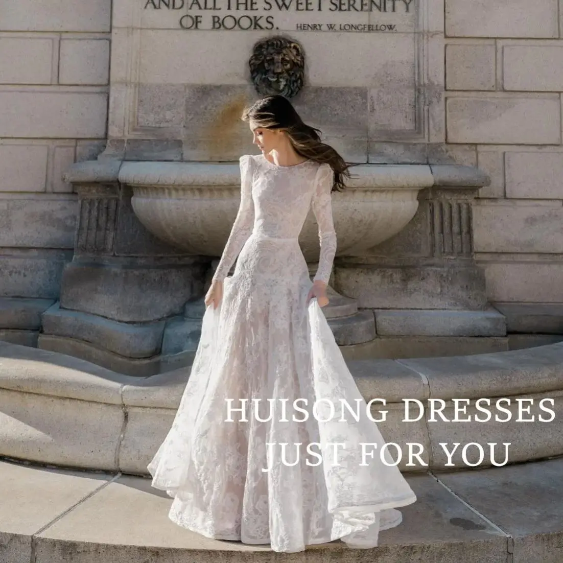 

HUISONG Customized robe de mariée Modest Wedding Dresses Lace Appliques O-Neck Long Sleeves A-Line Beach Bridal Gown שמלת כלה