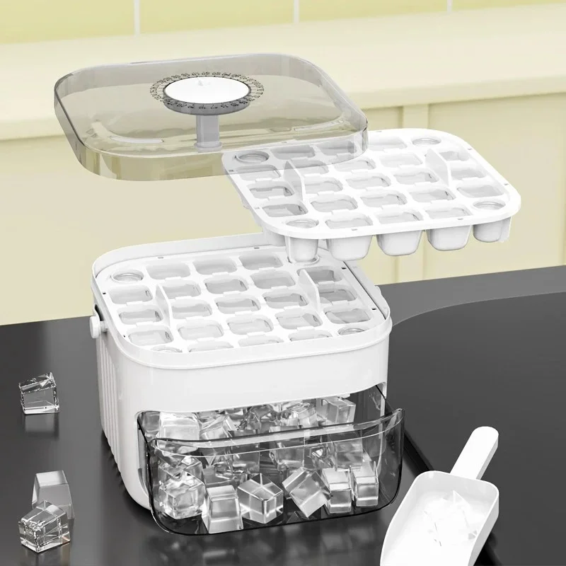 Compact Double Layer Ice Cube Tray With Lid & Bin, Pull-Out Ice Drawer Portable Handle Kitchen Gadgets