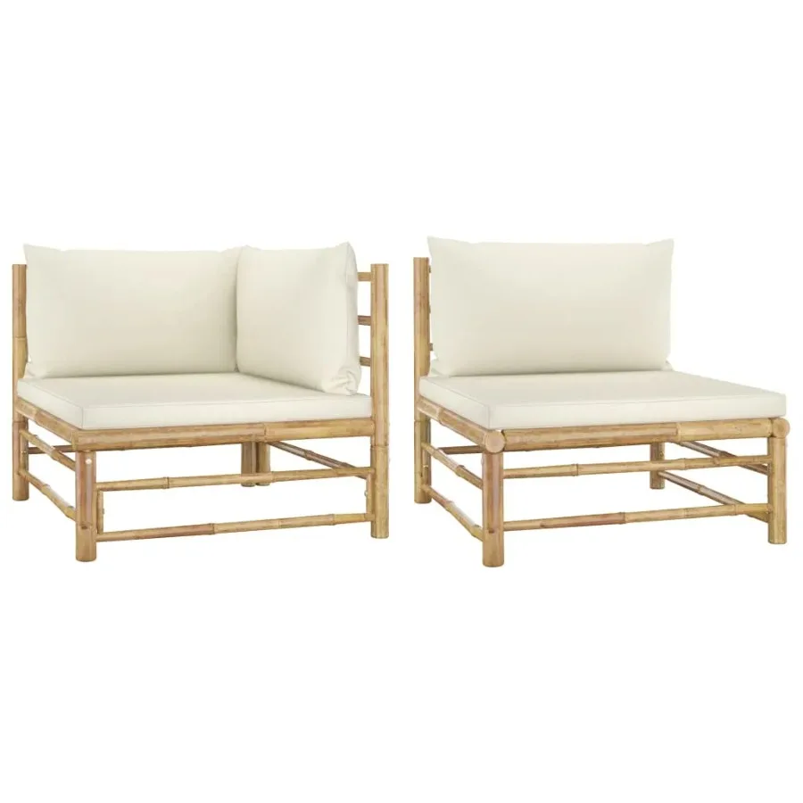 

2 Piece Patio Lounge Set with Cream White Cushions Bamboo