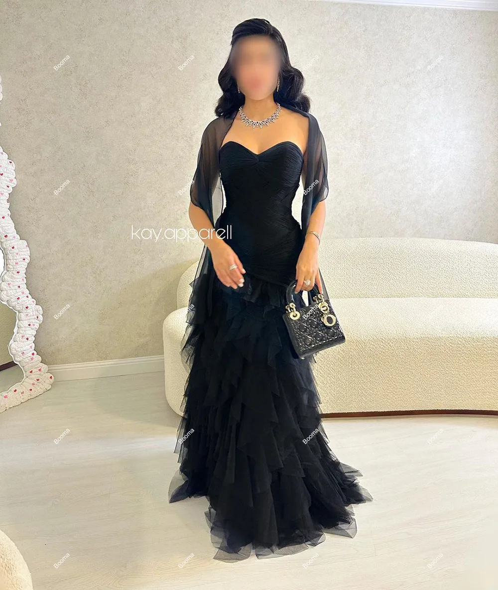 Booma Black Mermaid Prom Dresses Sweetheart Sleeveless Tiered Tulle Evening Dresses for Women Saudi Formal Party Gown Customized