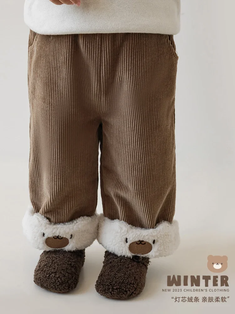 Girls' Cute Coffee Plush Corduroy Woven Pants Children's Playful Cute Embroidery Straight Tube Wide Leg Pants