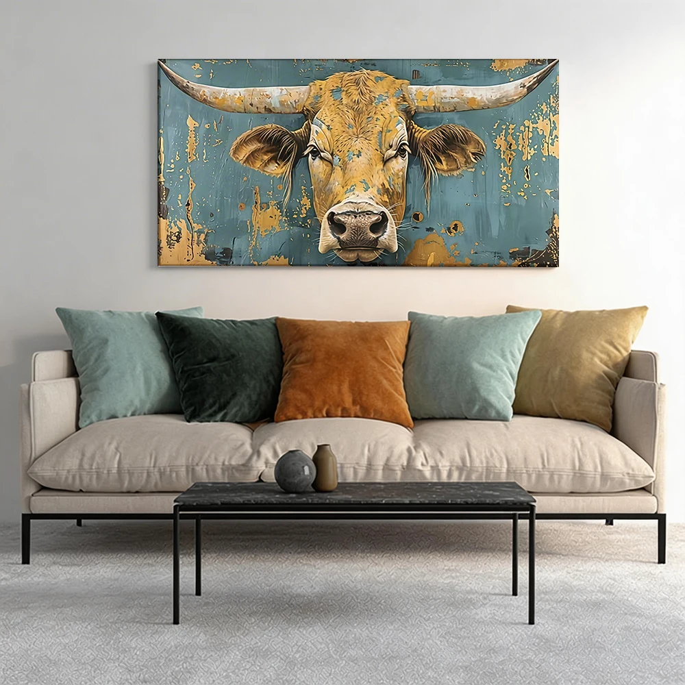 Impresión plana 2D, 1 pieza, pintura artística de cabeza de toro en azul desgastado, lienzo de gran tamaño, para decoración de pasillos y dormitorios