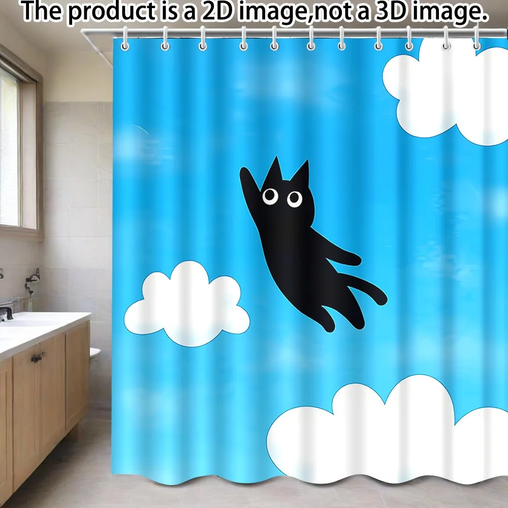 

Black Cat Flying Shower Curtain – Cute Cartoon Kitten on Blue Sky, White Clouds, White Base, Polyester, 12 Hooks, Waterproof
