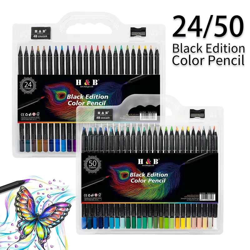 H & B Set pensil warna seni bermacam-macam, Kit mewarnai profesional inti lembut dewasa seniman 3.3mm kayu hitam berbasis minyak 24/50/72 buah