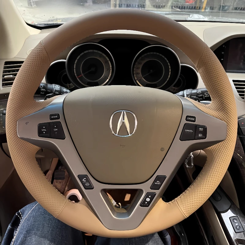 

For Acura MDX 2007-2013 Hand-Stitched Non-Slip beige Genuine Leather Car Steering Wheel Cover