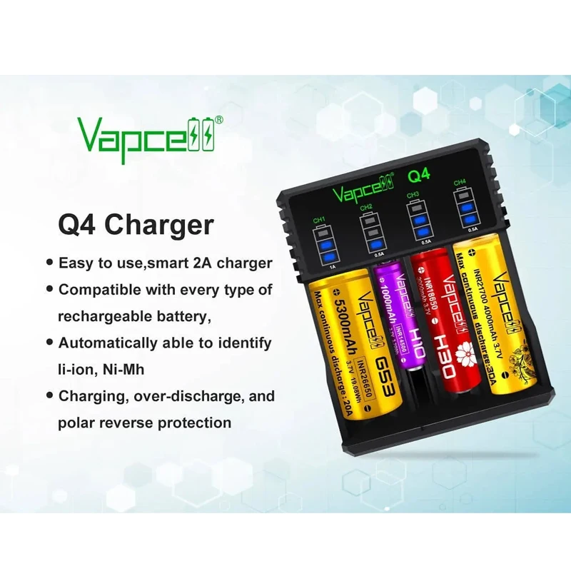 Original Vapcell Q4 Carregador de Bateria Portátil 4 Slots 5V 2A Carregamento Rápido Inteligente para 21700 18650, 20700, Bateria de Lítio Recarregável