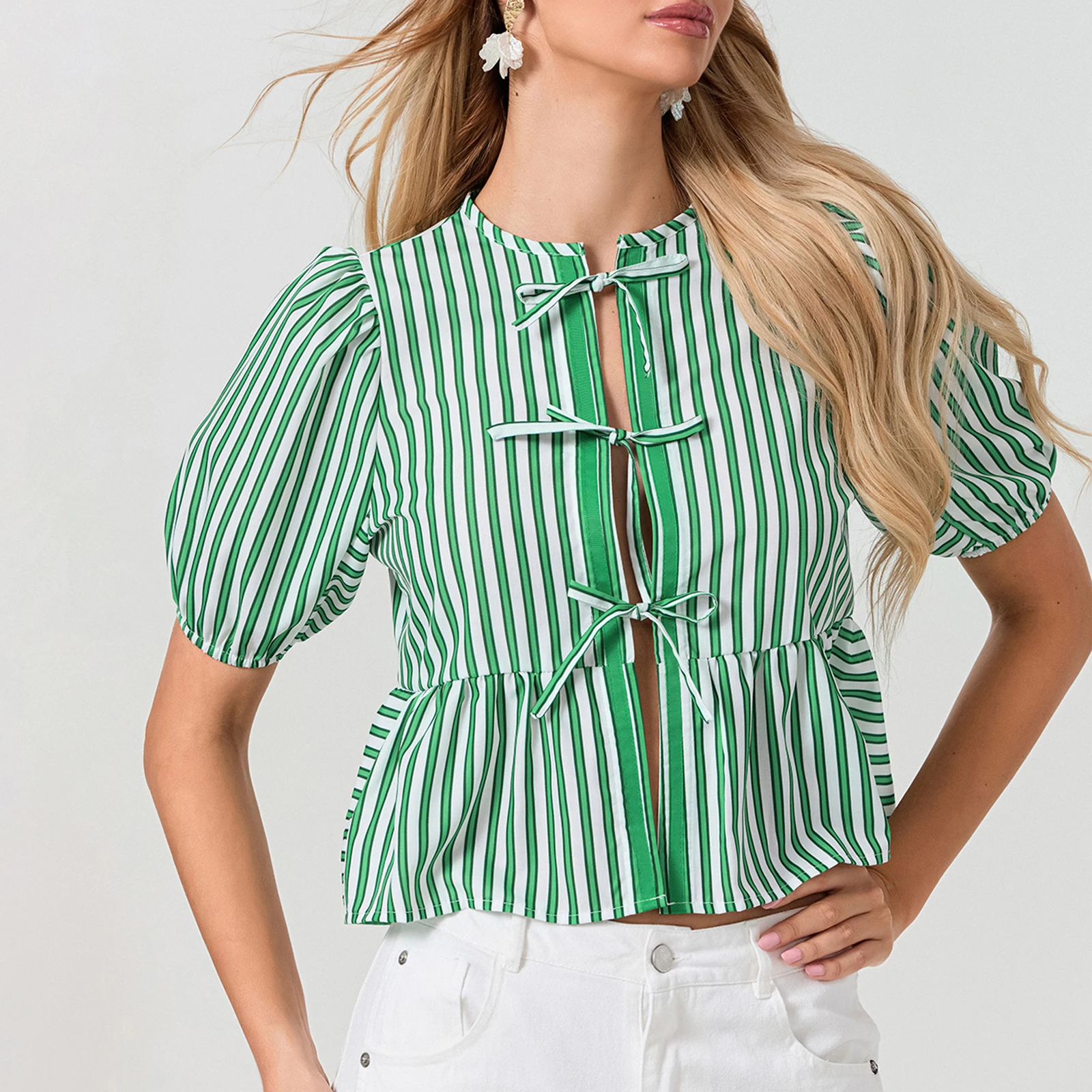 Thorn Tree Women Summer y2k Peplum Shirts Puff Short Sleeve Tie Up Bow Blouse Tie Open Front Ruffle Hem Blouses Tops Streetwear