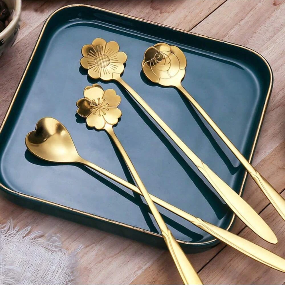 Stainless Steel Flower Spoon Set Ice Cream Coffee Dessert Milk Powder Honey Spoon Long Handle Stirring Spoon Spoon Tableware